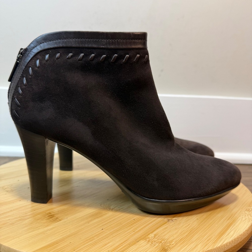 Aquatalia Suede Ankle Bootie Womens 7.5 Brown Whipstitch Block Heel Italy Chic